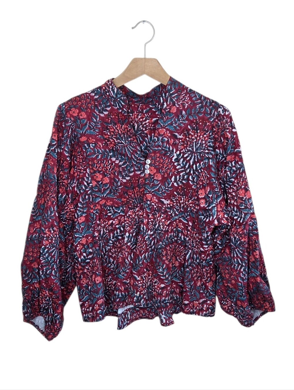Boutique Burgundy Orange Dark Green Floral Print Long Sleeve Top Cottagecore